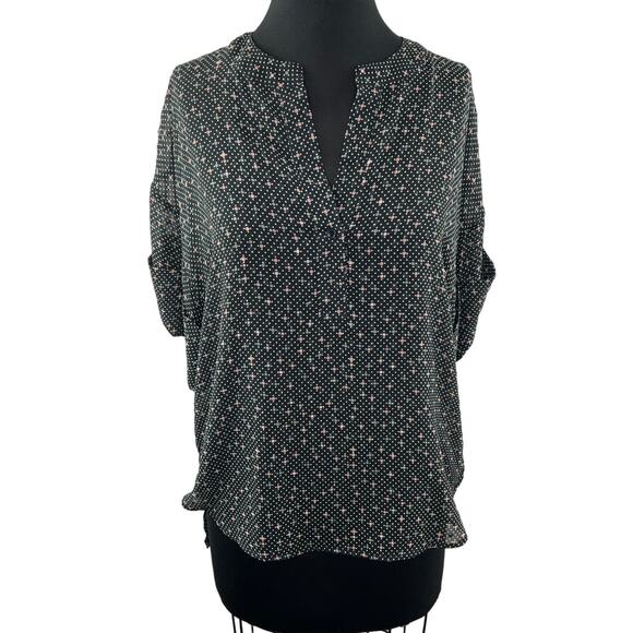 CABI Sheer Swiss Dot High Low Top Black White Short Sleeve Split Neck Size S - Picture 1 of 9
